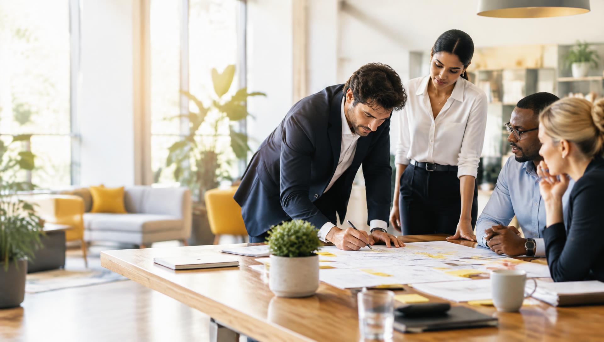 Equipo multidisciplinario colaborando alrededor de una mesa de trabajo