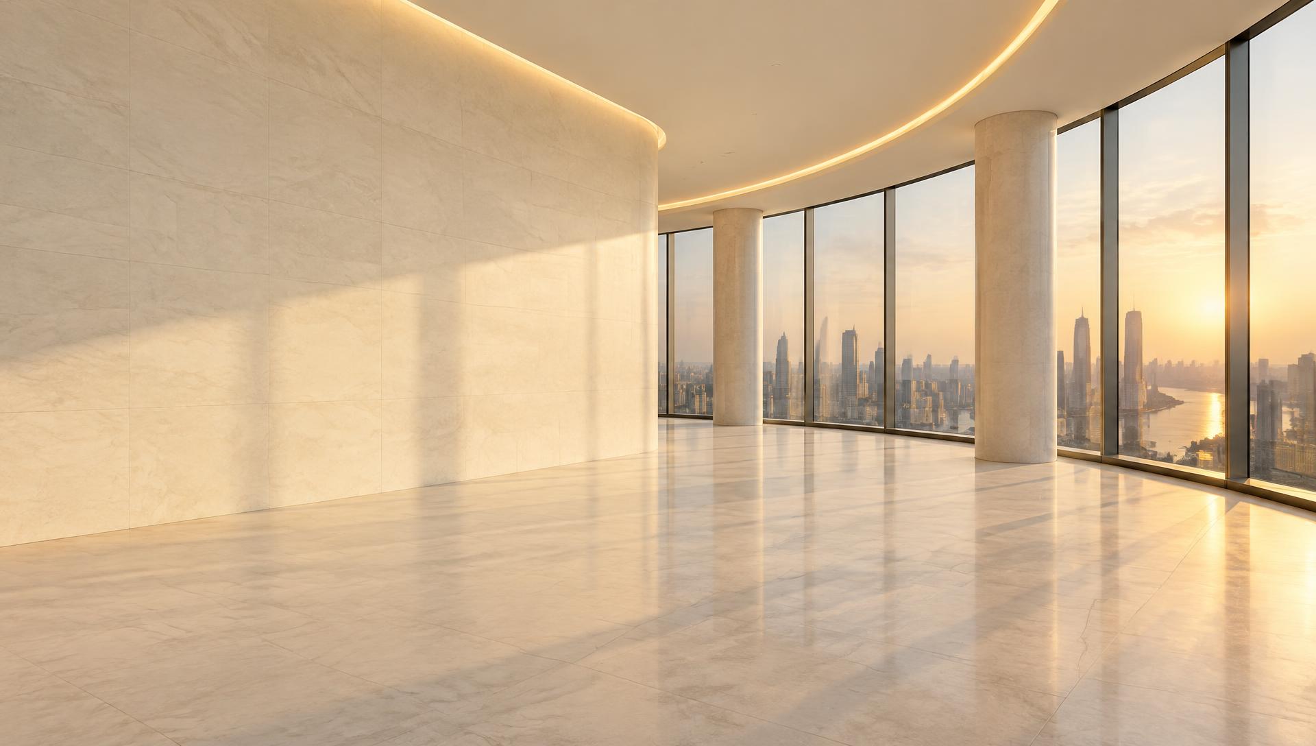 Interior corporativo contemporáneo con vista a la ciudad
